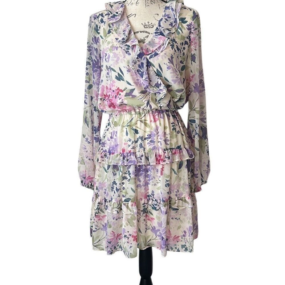 Ralph Lauren Black Label Pastel Floral Chiffon Tiered Ruffle Dress 8